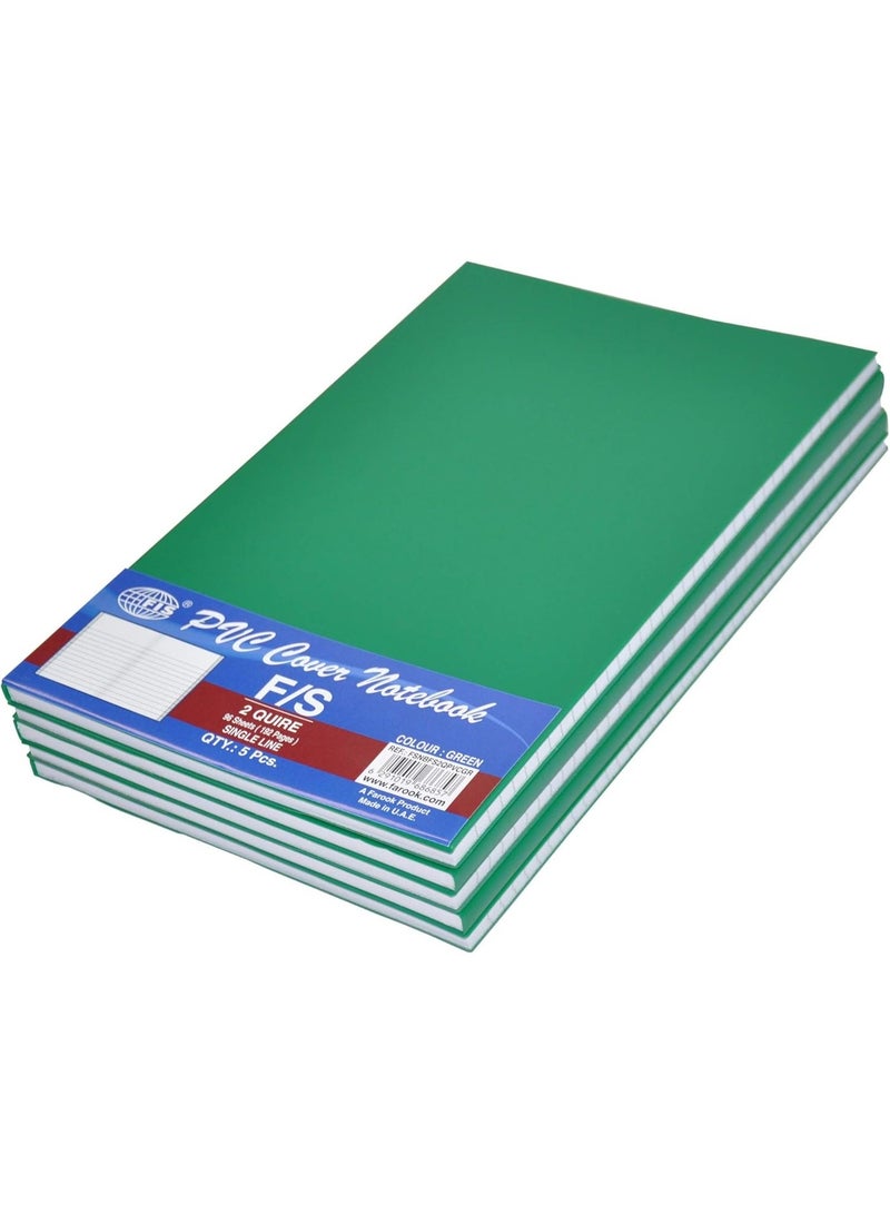 FIS PVC Cover NoteBook, 96 Sheets, 192 pages, Single Line, Green Colour 5-Piece - FSNBFS2QPVCGR - Image 1